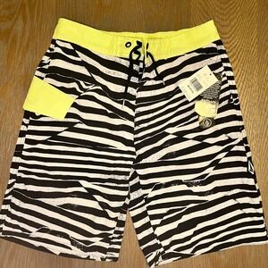 Volcom Kids Swim Trunks Boys Neon Yellow Black Zebra Print Board Shorts